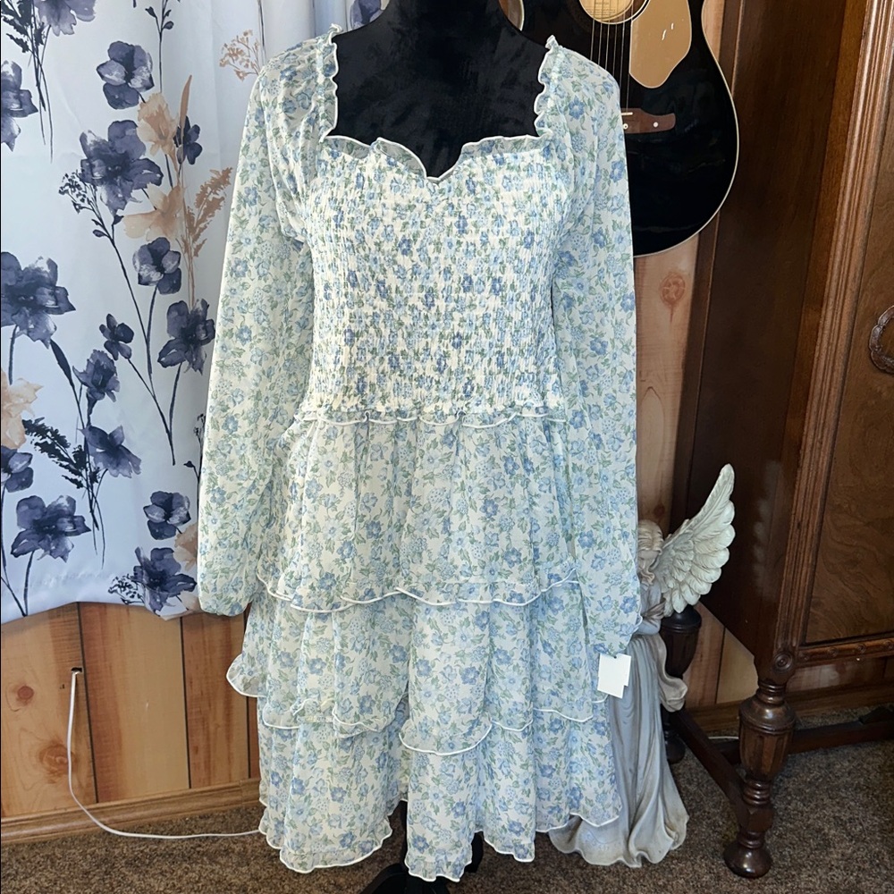 Ultra Flirt Spring and Summer Blue Floral Ruffle Tiered Dress - Picture 1 of 10